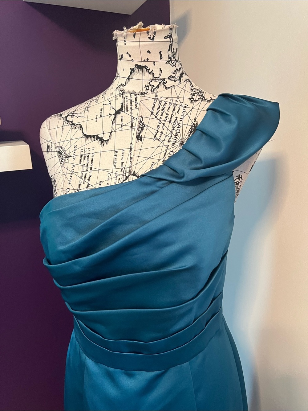 Alfred Angelo Teal One-Shoulder Satin Sheath Dress - Picture 2 of 9